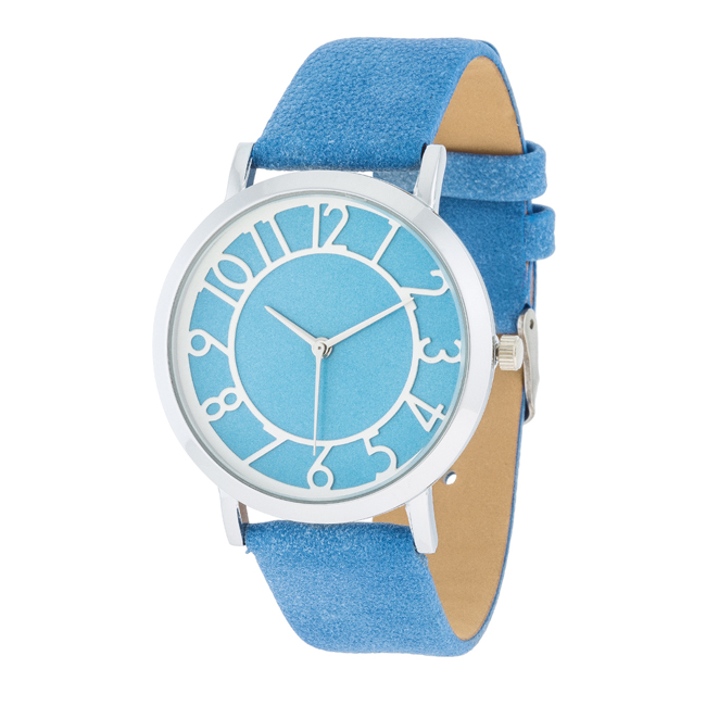Silver Watch With Blue Leather Strap